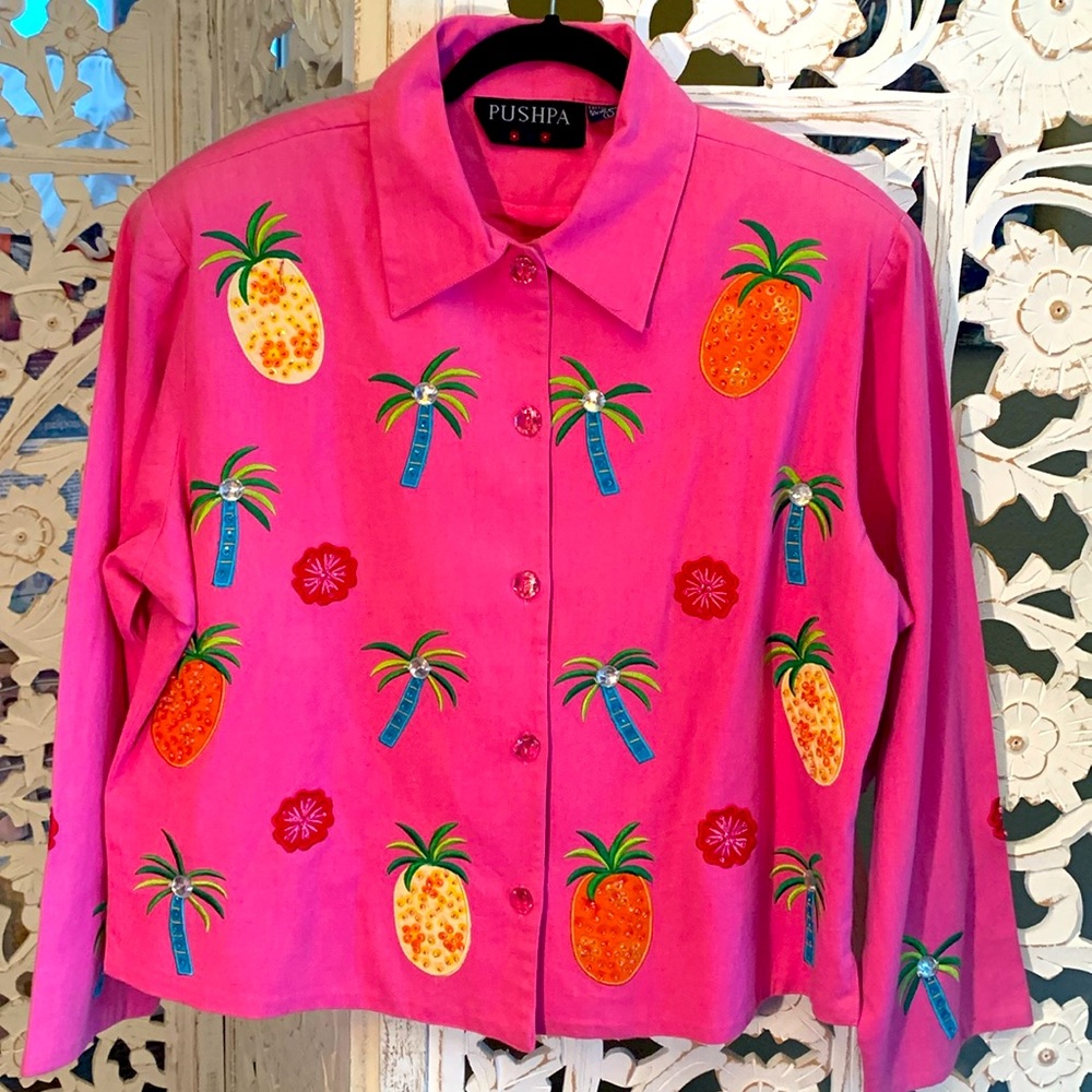 Fabulous vintage 90s beaded & sequin tropical appliqué cropped blazer-Large